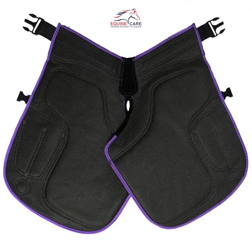 Image of Equine Care Women's Farrier Apron Chaps 23″ - Leather & Canvas, Adjustable 28-52″ Waist, EVA Padded Knees, Lumbar Support, 4 Knife Pockets & Nail Magnets for Hoof Trimming (Black with Purple Piping)