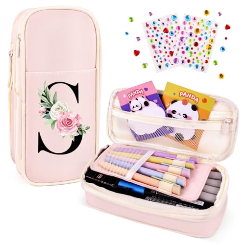 Image of Preppy Pencil Case for Girls, Cute Large Pencil Pouch, Personalized Initial Pencil Bag with Zipper for School College Office Supplies, Back to School Supplies Gifts for Teen Girls (S, Pink)