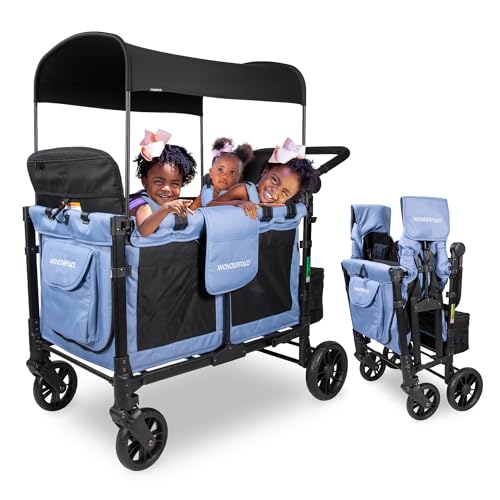 Image of WONDERFOLD W4 Elite Stroller Wagon (4 Seater) - Collapsible Wagon Stroller with Seats with 5-Point Harnesses, Adjustable Push Handle, and Removable UV Sun Canopy, Storm Blue