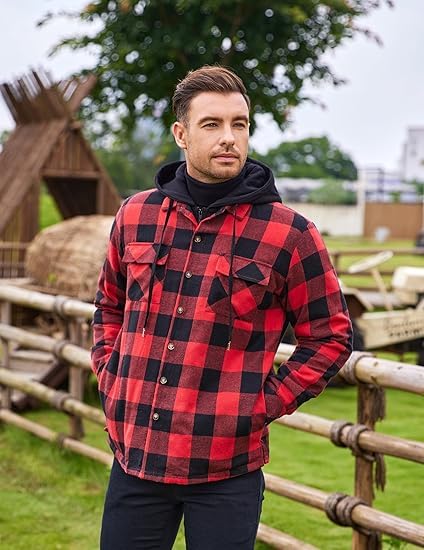 COOFANDY Herren Karierte Jacke Hemdjacke Holzfäller Jacke Gefüttert Hoodie Langarm Flanellhemd Winterjacke Baumwolle Arbeitsjacke Oberhemden mit Kapuze Hellrot S