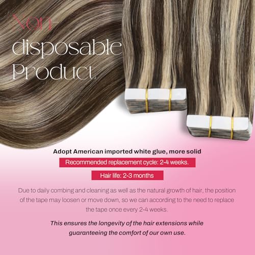 Moresoo Tape in Hair Extensions Human Hair Dark Brown with Caramel Blonde Hair Extensions Tape in Real Human Hair Extensions 24 inch 20 Pieces/50G #P4/27 - Image 3