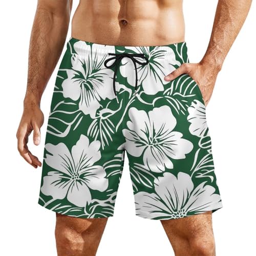 Hawaiian Floral Green Hawaii Flowers Beach Shorts for Men Swim Trunks Quick Dry Swim Shorts with Compression Liner Pocket