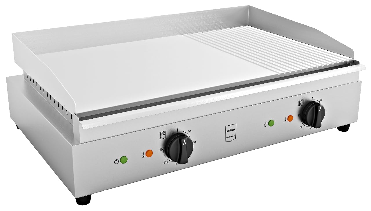 METRO Professional Piastra Elettrica GEG2112, Acciaio Inox, 3500 W, Superficie di Cottura 68.8x41cm, Temp.: 50-300°C, Griglia con Vaschetta Raccolta Grassi, Argento