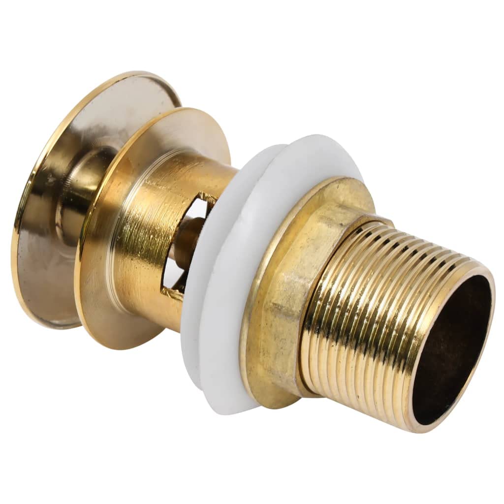 Ablaufgarnitur ohne Überlauf Pop Up für Waschtisch Bad, golden 6,4 x 6,4 x 9,1 cm Zink Messing, Schraubanschluss 1¼ Zoll und 8 cm Saitenhalter