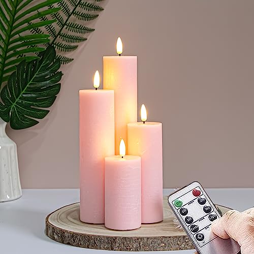 Image of Flickering Flameless Pillar Candles with Remote Control and Cycle Timer,Pink Pack of 4 Battery Operated(Powered by 2AA) LED Real Wax Tall Fake 3D-Wick Electric Candles(D 2.2 inch x H 4 inch,6 inch,8 inch,10 inch)