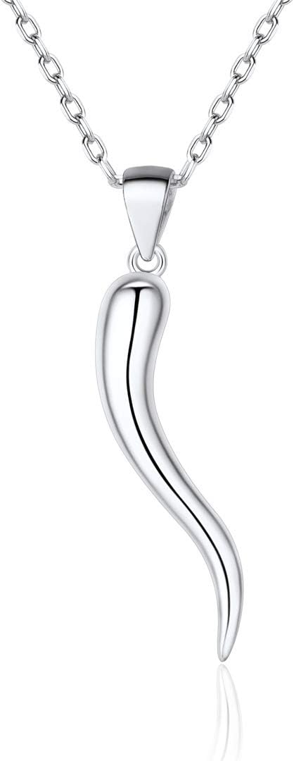 925 Sterling Silver Lucky Italian Horn Pendant Necklace Protection Amulet Jewelry for Women, Silver/Gold Plated/Rose Gold Plated