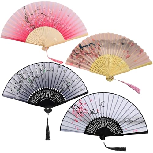 RoadLoo Abanicos, 4 unidades, abanicos de mano para bodas, con borla, ventilador de mano plegable, para verano, boda, mano, decoración asiática, para el día de nacimiento, fiesta, boda, fotografía