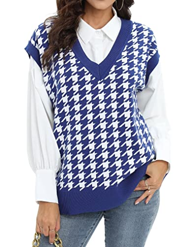 Lacozy Women Houndstooth Pattern Knit Sweater Vest Sleeveless V-Neck Waistcoat Pullover Knitwear Top Royal Blue L #TOP13
