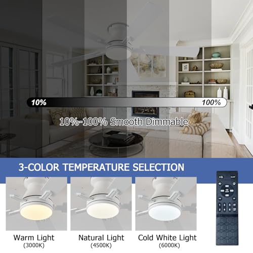 Image of Ayaoty 54 inch Ceiling Fans with Lights and Remote, Low Profile Ceiling Fan with Light, Flush Mount, Reversible, 3CCT, Dimmable, Noiseless, White Ceiling Fan for Bedroom, Indoor /Outdoor Use