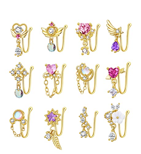 PLOMFOV 12Pcs Fake Nose Ring for Women Dangling Nose Cuffs Faux Clip on Nose Ring for Non Pierced Nose Gold Tone