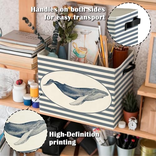 Image of Coastal Beach Whale Storage Bins Box with Handles, Blue Striped Beachy Ocean Whale Marine Biology Collapsible Basket Organizer for Bedroom Bathroom Books Clothes