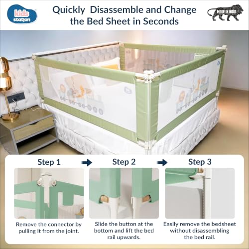 Image of Kids Station 1 Side with Pocket Bed Rail Guard (5ft x 2.6ft / 150cm x 80cm), Bed Railing for Baby Safety, Kids Toddler Bed Protector Side Walls, Adjustable Height, Portable & Foldable (Green)