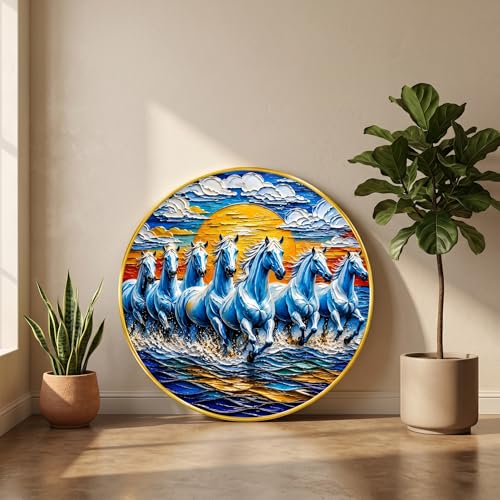 Image of SAF 7 Horse Vastu Round Wall Painting with Premium PVC Golden Frame, Blue Running Horses Sunrise Ocean Art for Living Room Office Home Decor Gift (23 x 23 Inch) GR-460