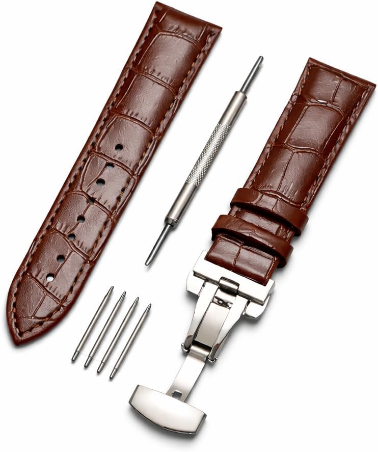 Genuine Leather Watch Strap 22mm with Deployment Clasp – Crocodile Pattern Leather Band, Stainless Steel Butterfly Clasp, Tool Kit & Gift Box, Compatible with Traditional & Smart Watches