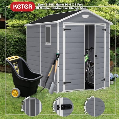 Image of Keter Manor 6x8 Foot All Weather Garden Tool Outdoor Storage Shed with Lockable Double Doors, Fixed Window and Wood-Look Resin Walls, Grey