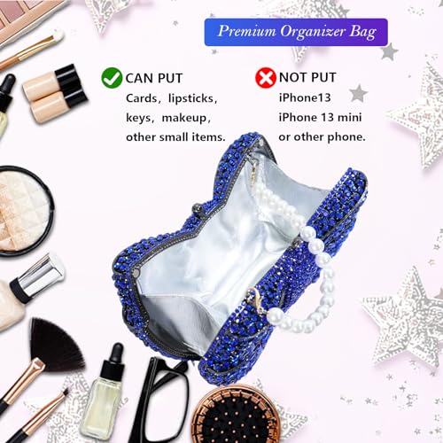 Image of Handmade Inlay Rhinestone Bow Clutch Bag for Women, Sparkling Evening Party Wedding Purse with Detachable Pearl Chain