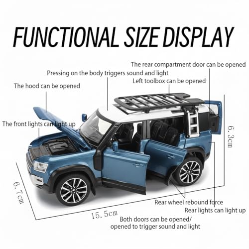 Image of 1:32 Scale Defender Toy Car Die-Cast SUV Toy Car - Pull Back Alloy Model with Lights, Sounds & Opening Doors - Metal Off-Road Vehicle for Boys, Kids, Collectors (Blue)