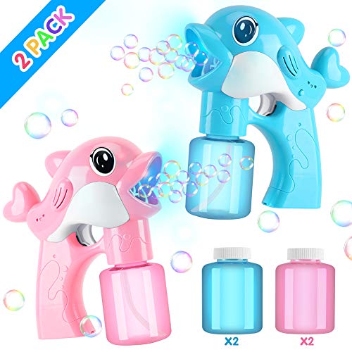 2 Pack Dolphin Bubble Guns with 4 Bottles of Bubble Solution Toy for Kids, Bubble Maker Blower Blaster for Party Favors, Wedding, Summer Toy, Outdoor Activity, Easter, Birthday Gift for Boys and Girls