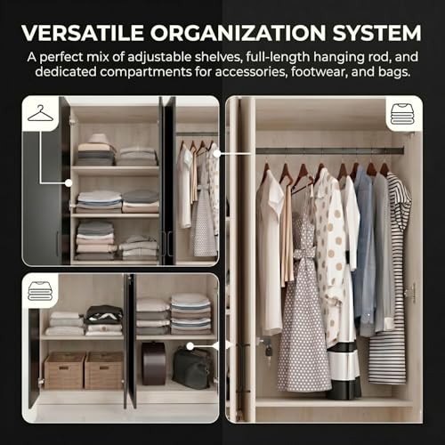 Image of FFO Tokyo 4 Door Wooden Wardrobe for Bedroom with Hanging Rod, Shelves & Lock | Modern Clothes Storage Almirah /Cabinet with Black & White Wood | Wardrobe Organizer for Clothes, Dresses DIY.