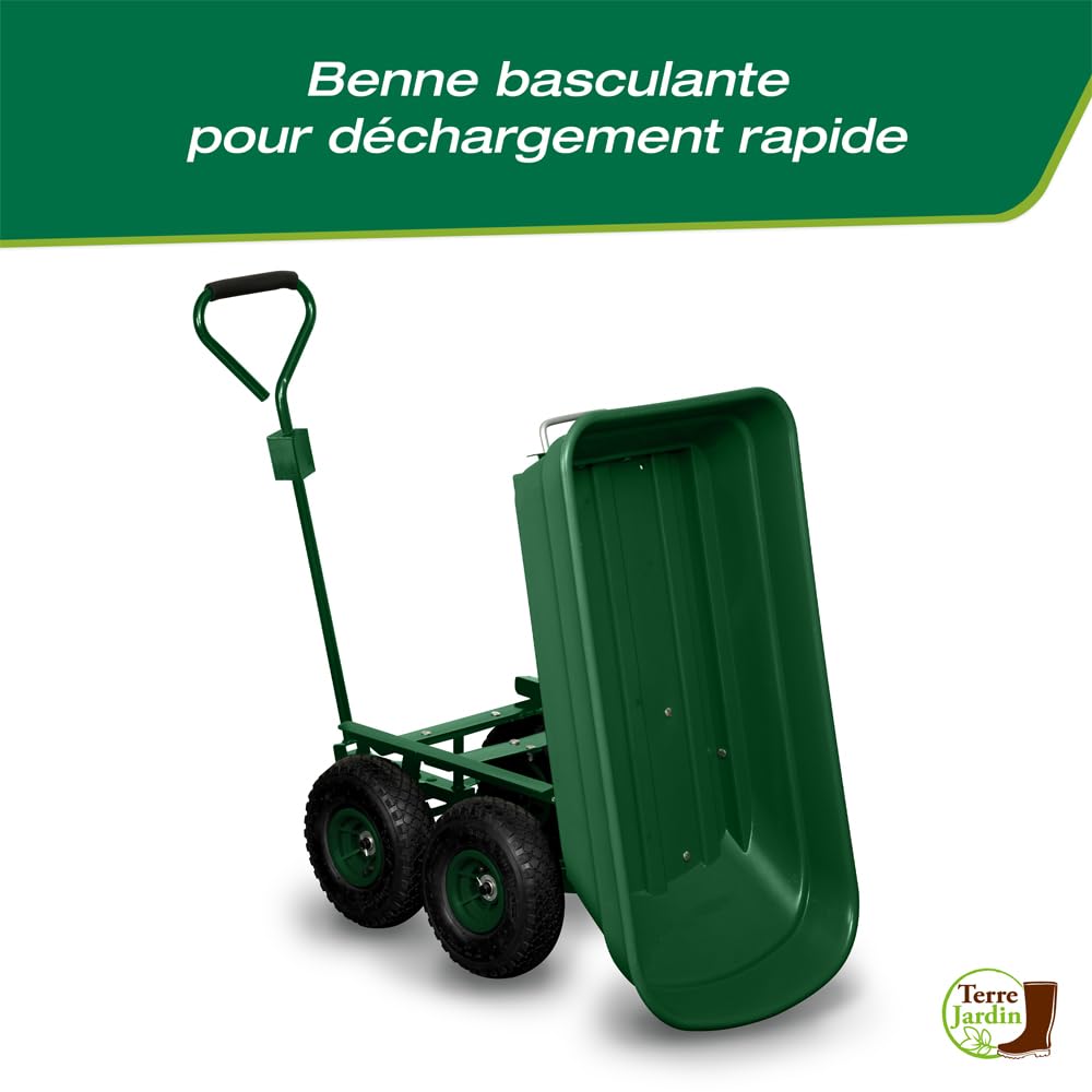 TERRE JARDIN Brouette de Jardin 4 Roues gonflables 120 Kg, Benne Basculante 52 L, Chariot à Bois bûche, Transport Bois de Chauffage, Remorque Attelage intégré - Capacité Basculée 80 Kg