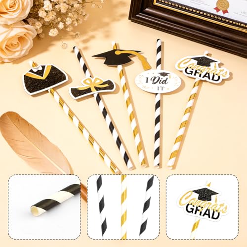 24 pitillos de papel para graduación negro y dorado miniatura 3