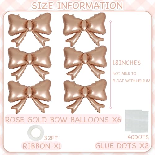 Image of 6 Pieces Bow Balloons, Rose Gold Matte Metallic Foil Bow Balloon for Women Girls Bowtie Theme Birthday Party, Baby Shower, Wedding, Bridal Shower, Balloon Garland Accessories