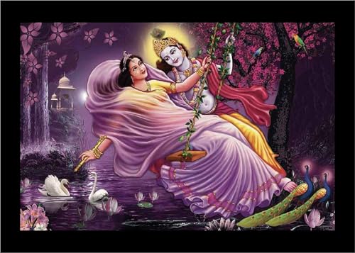 Peinture Radha Krishna encadrée en bois multicolore de 30x45 cm