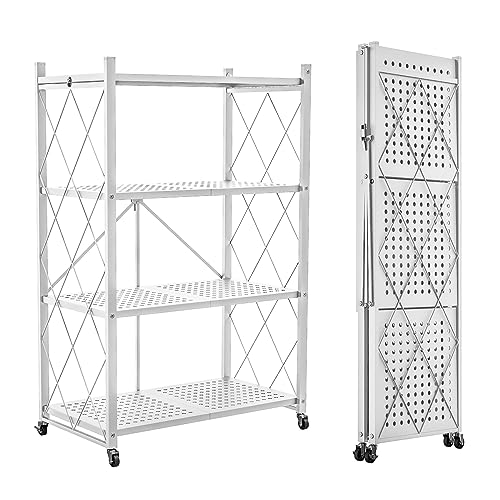Lifetime Home 4-Tier Foldable Storage Shelf with Wheels - Metal Rack Collapsible Shelving Unit...