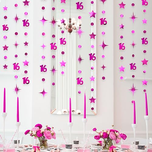 Image of Hot Pink Number 16 Circle Dot Twinkle Star Garland Hanging Streamer Bunting Banner Backdrop Decorations for Girls Happy 16th Birthday Sweet Sixteen 16th Anniversary Cheers to 16 Years Party Decor