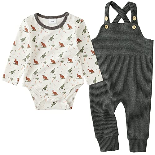 Image of YUEMION Newborn Baby Boy Clothes,2Pcs Infant Boy Romper Bodysuit Fall Winter Stripe Outfits + Bib Overall Pants (0-18 Months)