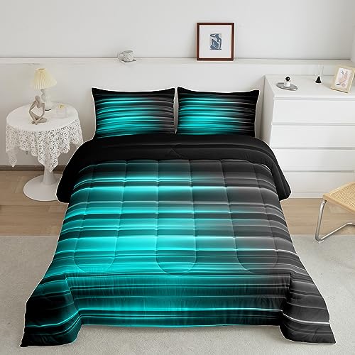 Image of Feelyou Teel Green Abstract Ombre Comforter Set Twin Size, Teel Green and Black Bedding Set Geometric Abstract Ombre Comforter Stripes Duvet Set Lightweight Quilt Set