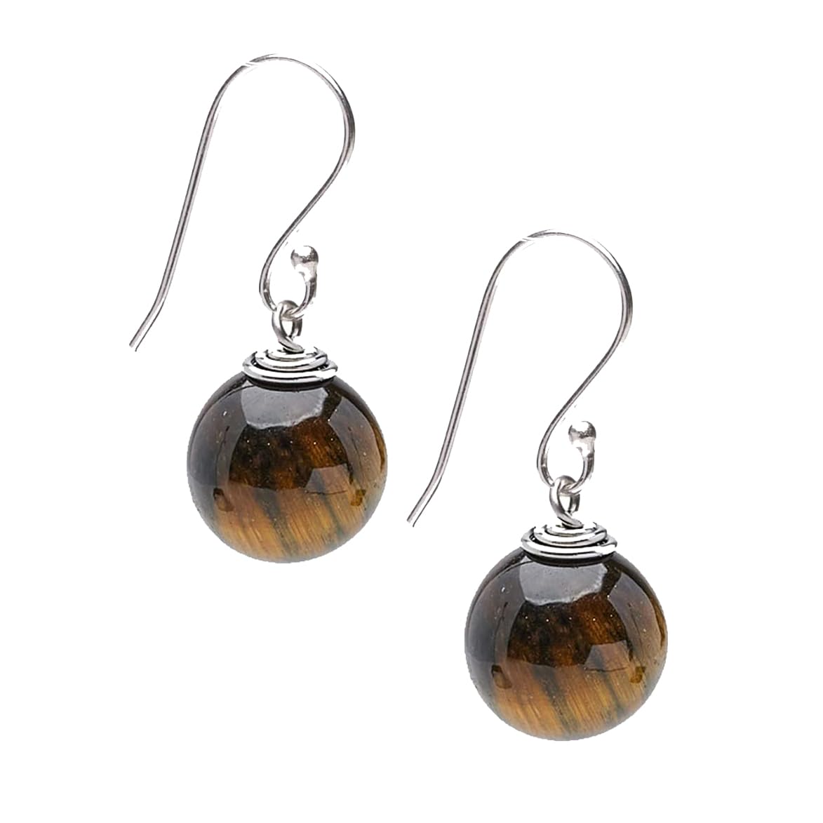 Pendientes colgantes de plata de ley con piedras preciosas naturales hechos a mano para mujer Pendientes con cuentas de bola de 12 mm | Regalo para mujeres, niñas. (Ojo de tigre marrón)
