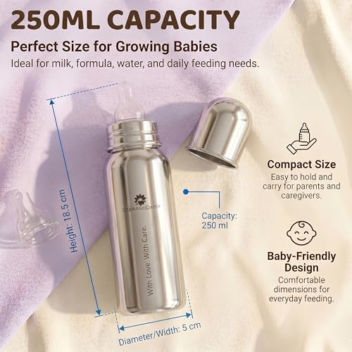Image of StarAndDaisy Baby Milk Bottle for new Born /Infant /Toddler Pack of 250 ML SUS 304 Steel Baby Feeding Bottle for 0+ Months, BPA Free Leakproof, Anti Colic, Easy to Clean