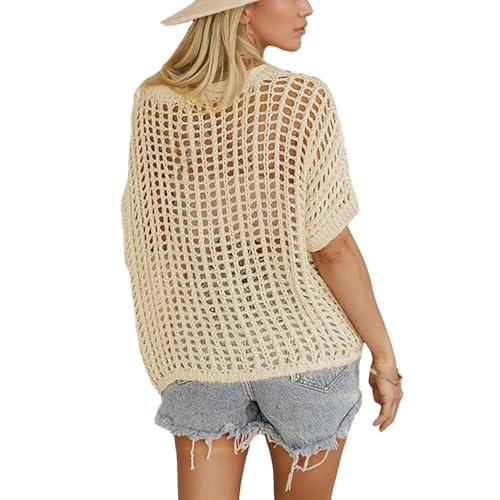 Women's Scoop Neck Crochet Hollow Sweater Casual Short Sleeve Knitted Pullover Beach Cover-up Summer Tops3