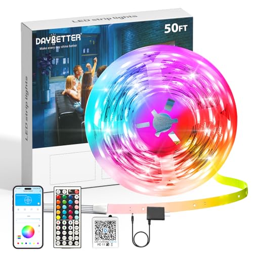 DAYBETTER Led Strip Lights 50 ft Music Sync RGB Led Light Strips with Remote and App Control Color Changing Led Lights for Bedroom Home Kitchen Party Room Decor