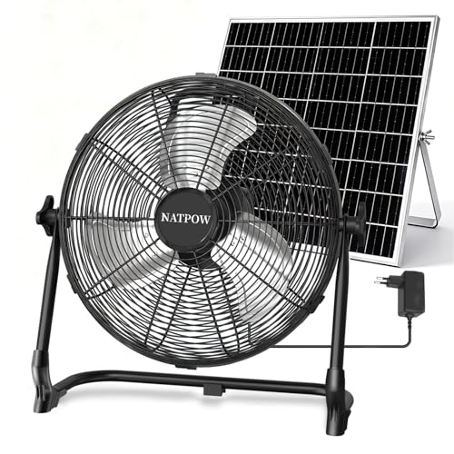NATPOW Solar Ventilator Groß 30cm Solarlüfter mit USB-A Aufladung 15W Bodenventilator Leise Zwei Lademöglichkeiten Windmaschine mit Solarpanel und Adapter für Camping Baustelle Gewächshaus