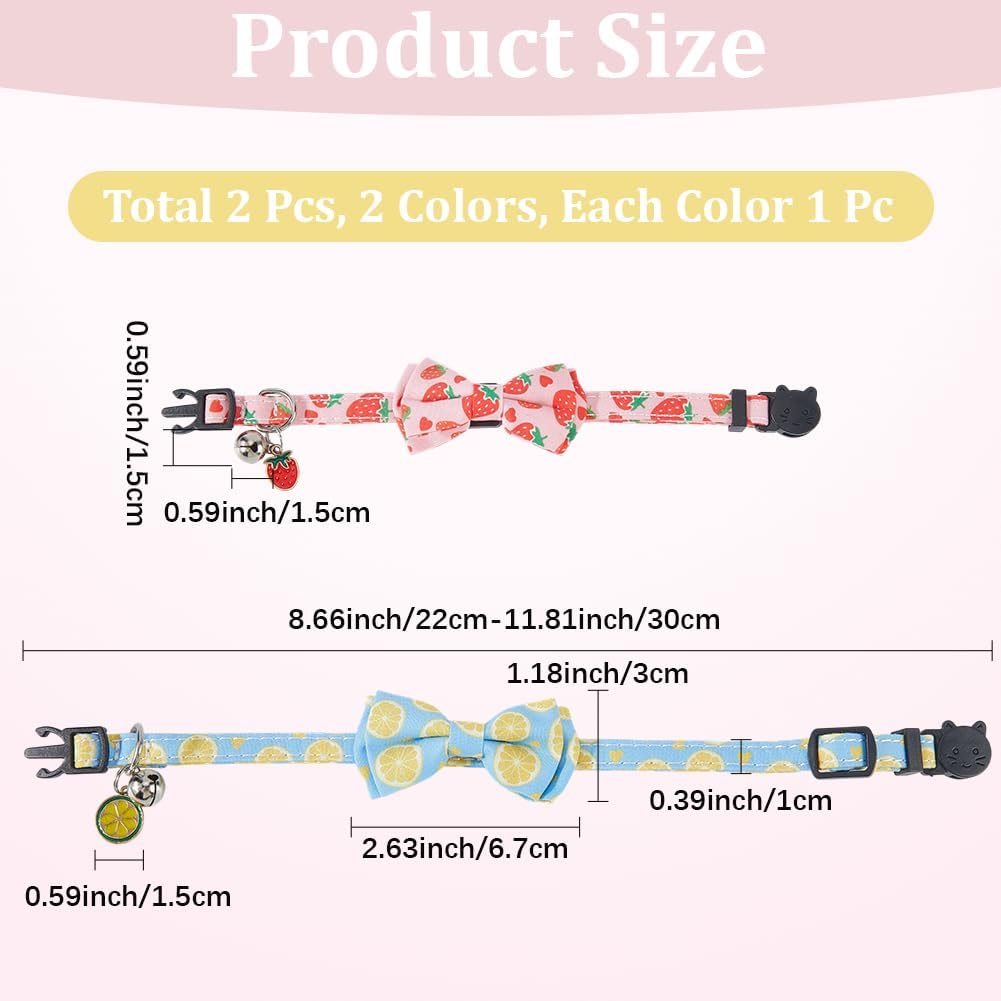 CREATCABIN 2 x Cat Collar with Bell and Bow, Adjustable Quick Release Soft Polyester Blue Lemon Pink Strawberry for Small Dogs Decoration Supplies 22~30cm image 2