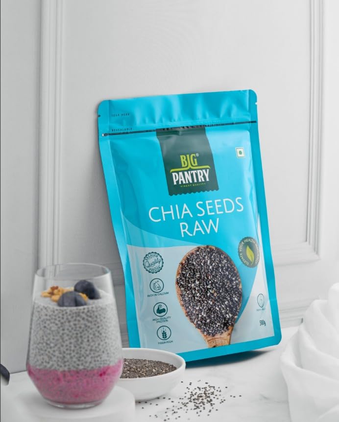 Image of Big Pantry Chia Seeds 500g | Rich in Calcium, Protein & Fiber, Omega 3 and Antioxidants | Seeds for Weight Management | Non-GMO & Gluten-Free | Raw Seeds for Smoothies & Oatmeal (Pack of 3)