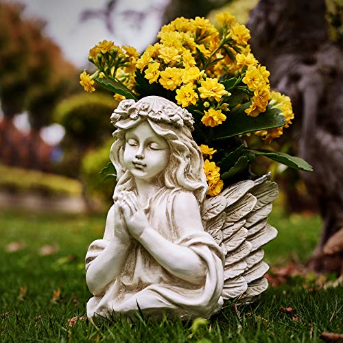 Praying Angel Bust Garden Statue Planters, Angel Wing Planters Pots With Hands Clasped For Patio, Lawn, Yard Art, Cemetery Grave Decoration, Resin Stone Classical Antique , 8.26" H #TOP6