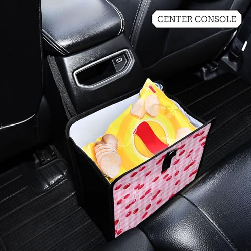 Image of Car Trash Can Organizer Bin with Adjustable Strap for Back Front Seat Console Waterproof Leakproof Collapsible Portable 11 Inch Pink Juicy Checkered Cherry