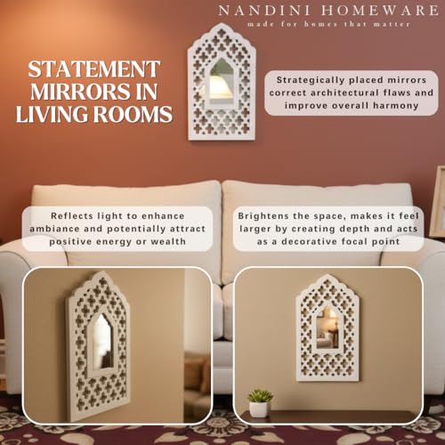 Image of Handcrafted Traditional White Mughal MDF Wooden Mirror Jharokha Wall Art | Mughal-Inspired Boho Style Decorative Wall Hanging (White Mughal)