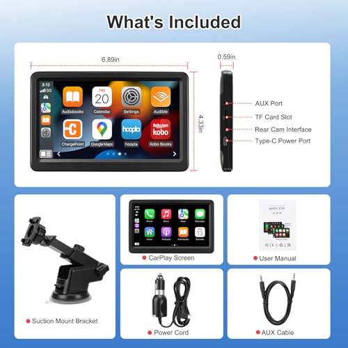 Image of Carplay Screen for Car, 7 inch Wireless Carplay & Android Auto, Portable HD Touchscreen with Mirror Link, GPS Navigation, Voice Control, Hands-Free Calling, Bluetooth /AUX /FM, Plug & Play Car Play Screen