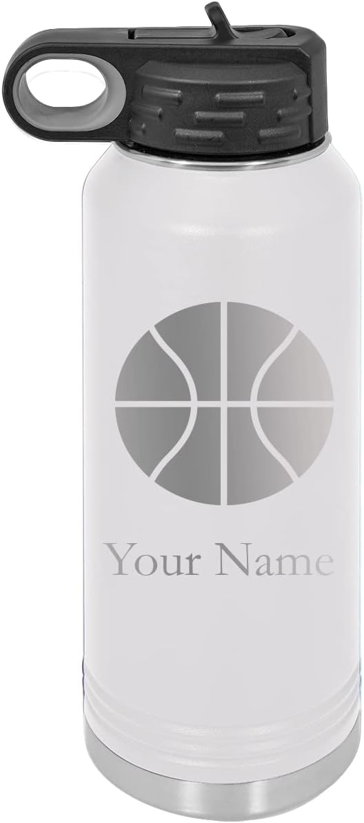 Add Name Basketball Personalized Custom Engraved Double Wall Vacuum Hot/Cold Drinks Insulated Stainless Steel Boys/Girls Sports Team Water Bottle with Flip Top Lid, Straw