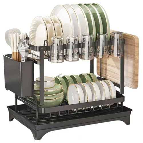 2 Tiers Kitchen Dish Bowl Drainer Storage Rack with Chopstick Cage Stainless Steel Dish Drying Rack Space Saver Kitchen Counter Organizer Tableware Drainboard