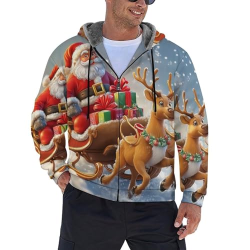 Sweat à capuche zippé pour homme avec motif Père Noël et renne en polaire