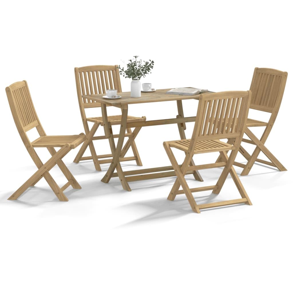 Juego de muebles de jardín de madera maciza de acacia con 1 mesa y 4 sillas, plegable, para balcón, terraza, exterior, resistente a la intemperie, con diseño de listones y cómodos grupos