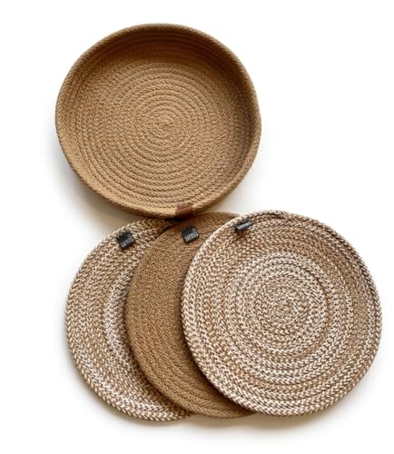 Image of Retro Trivets Polypropylene 3 Pc Round with Basket Holder, Braided Pot Mat, Side Table Mat, Machine Washable Small Place Mat for Casserole for Dining Table (9 inch Dia) (Beige)
