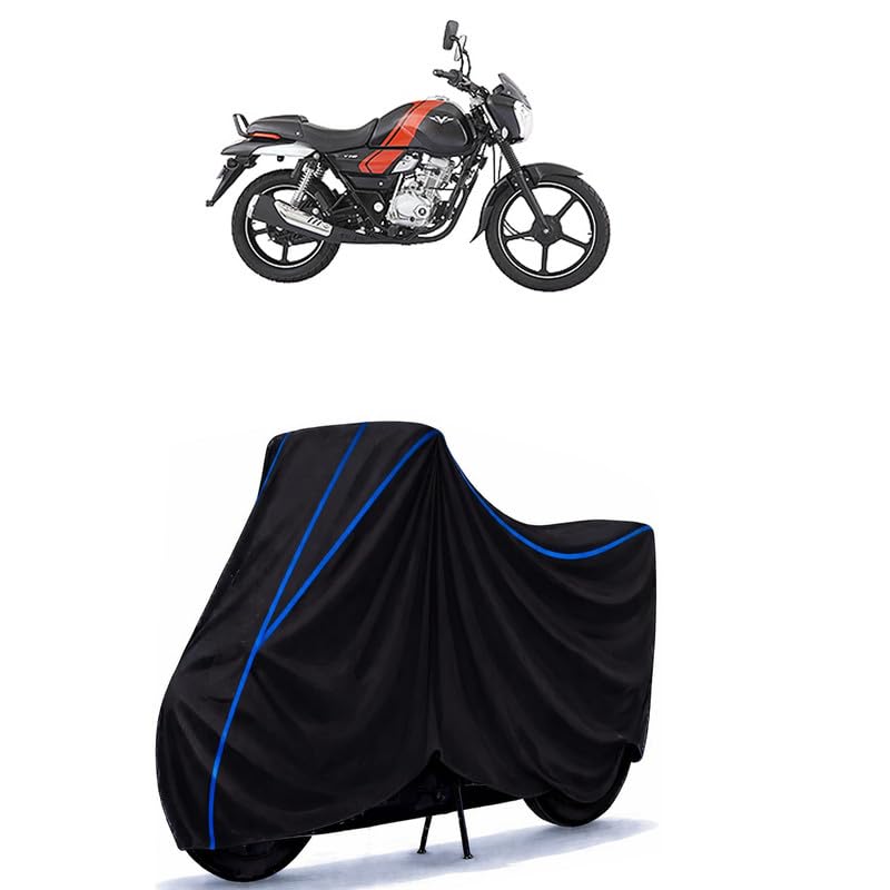 Image of Bajaj V12 Bike Cover Water Resistant Universal Motorcycle Rain | Heavy Duty UV Protection, Dust, Scratch Indoor Outdoor All Weather with Black Blue Piping Elastic