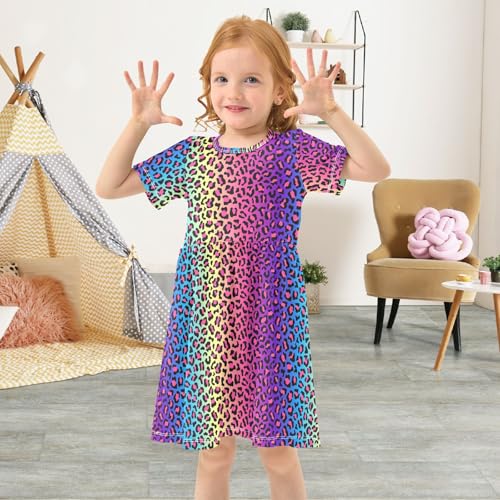 ALAZA Girls Summer Dress Short Sleeve Neon Rainbow Leopard Cheetah Casual Girls Dresses for Kids 2-8 Years3