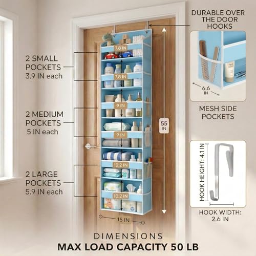 Image of HOMELUX THEORY UPGRADED 6 Tiers Over The Door Organizer Hanging - 100D EXTRA THICK & 50lbs HUGE CAPACITY, 12 Side Mesh Pockets Over The Door Shoe Organizer, Hanging Closet Organizer (Baby Blue, 1pc)